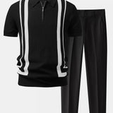 Contrast Waffle Zipper Knit Polo & Slim Fit Tapered Trousers