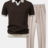 Contrast Trim Ribbed Johnny Collar Knit Polo & Slim Fit Tapered Trousers