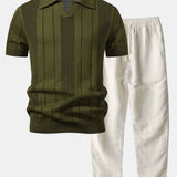 Johnny Collar Striped Open Knit Polo & Straight Leg Linen Pants