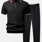 Contrast Trim Textured Zipper Knit Polo & Slim Fit Tapered Trousers