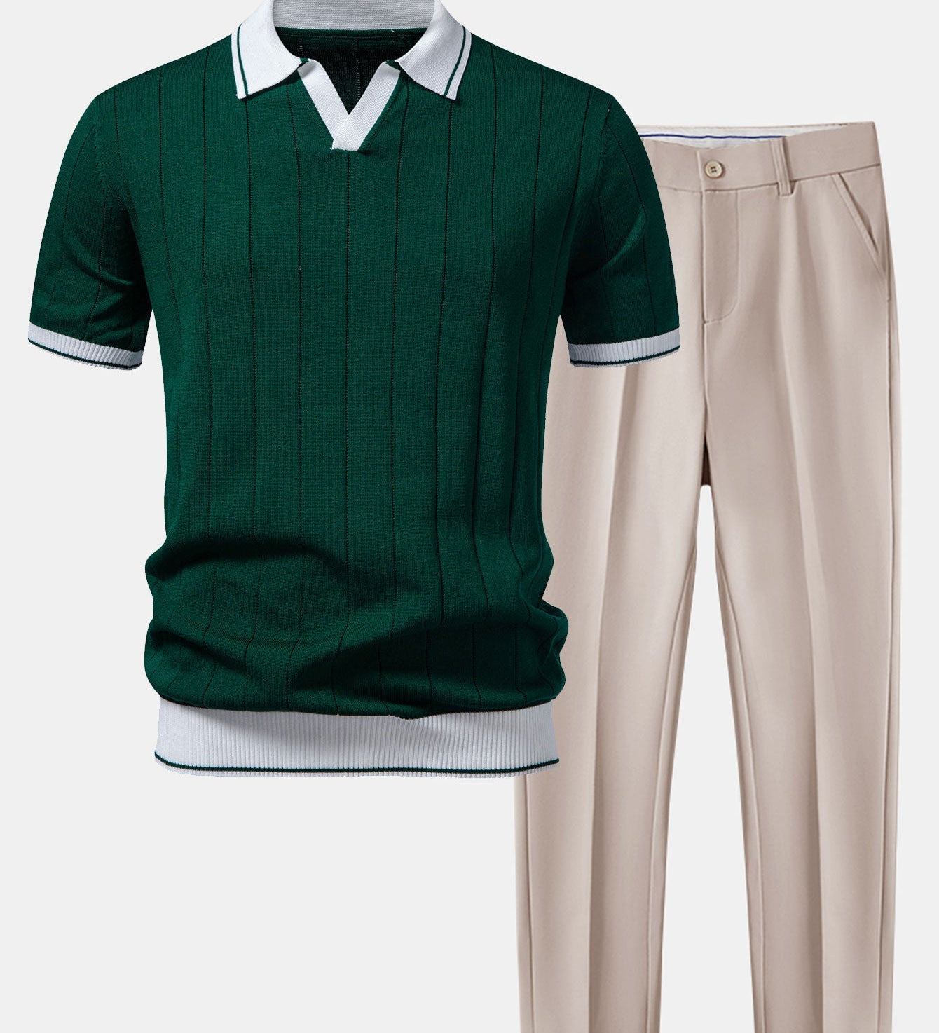 Contrast Trim Ribbed Johnny Collar Knit Polo & Slim Fit Tapered Trousers