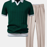 Contrast Trim Ribbed Johnny Collar Knit Polo & Slim Fit Tapered Trousers