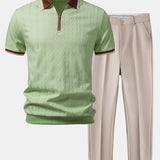 Contrast Trim Textured Zipper Knit Polo & Slim Fit Tapered Trousers