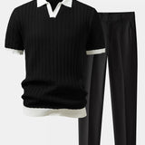 Contrast Textured Johnny Collar Polo & Slim Fit Tapered Trousers