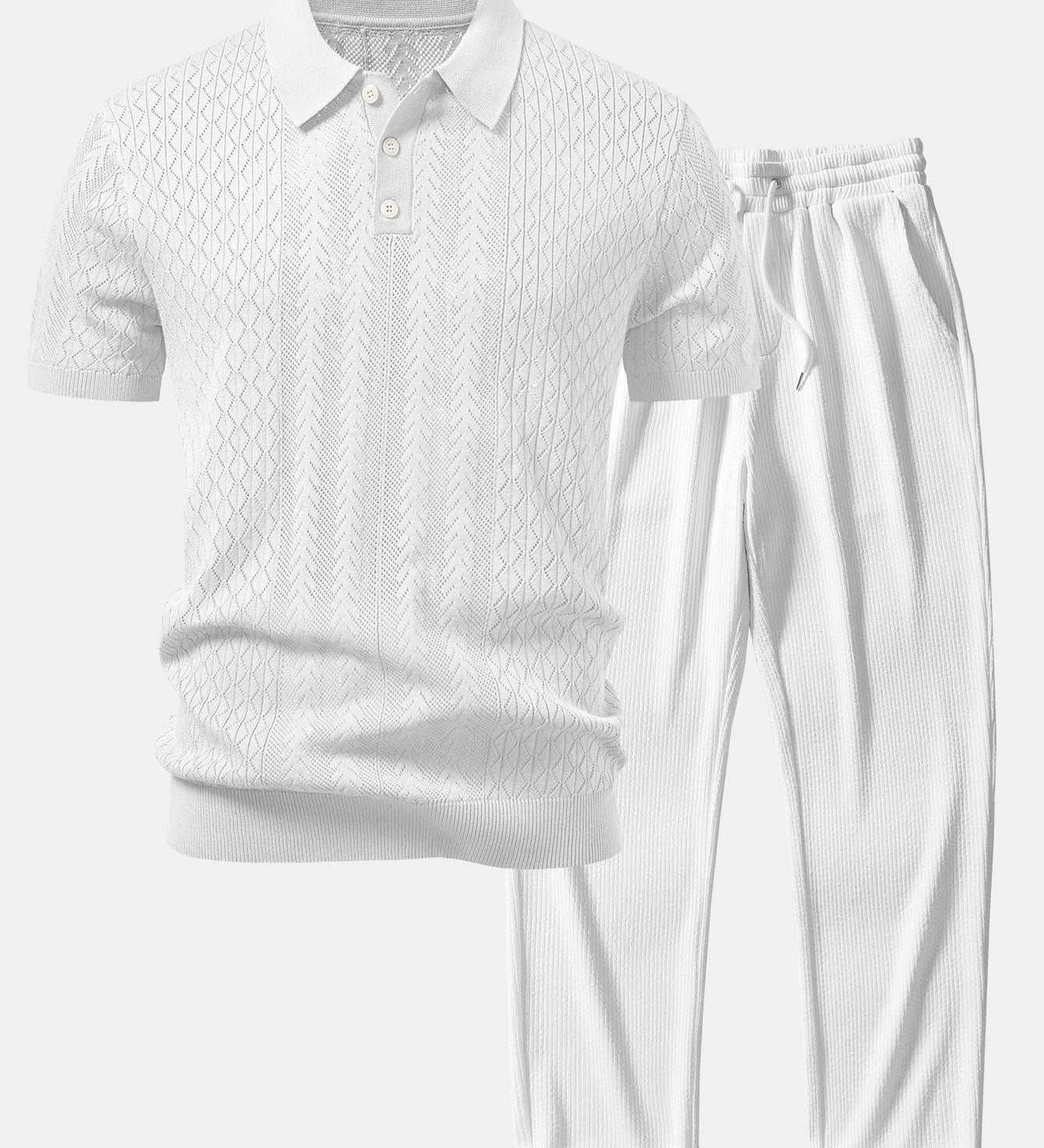 Geometric Jacquard Open Knit Polo & Straight Leg Ribbed Pants