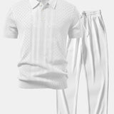 Geometric Jacquard Open Knit Polo & Straight Leg Ribbed Pants