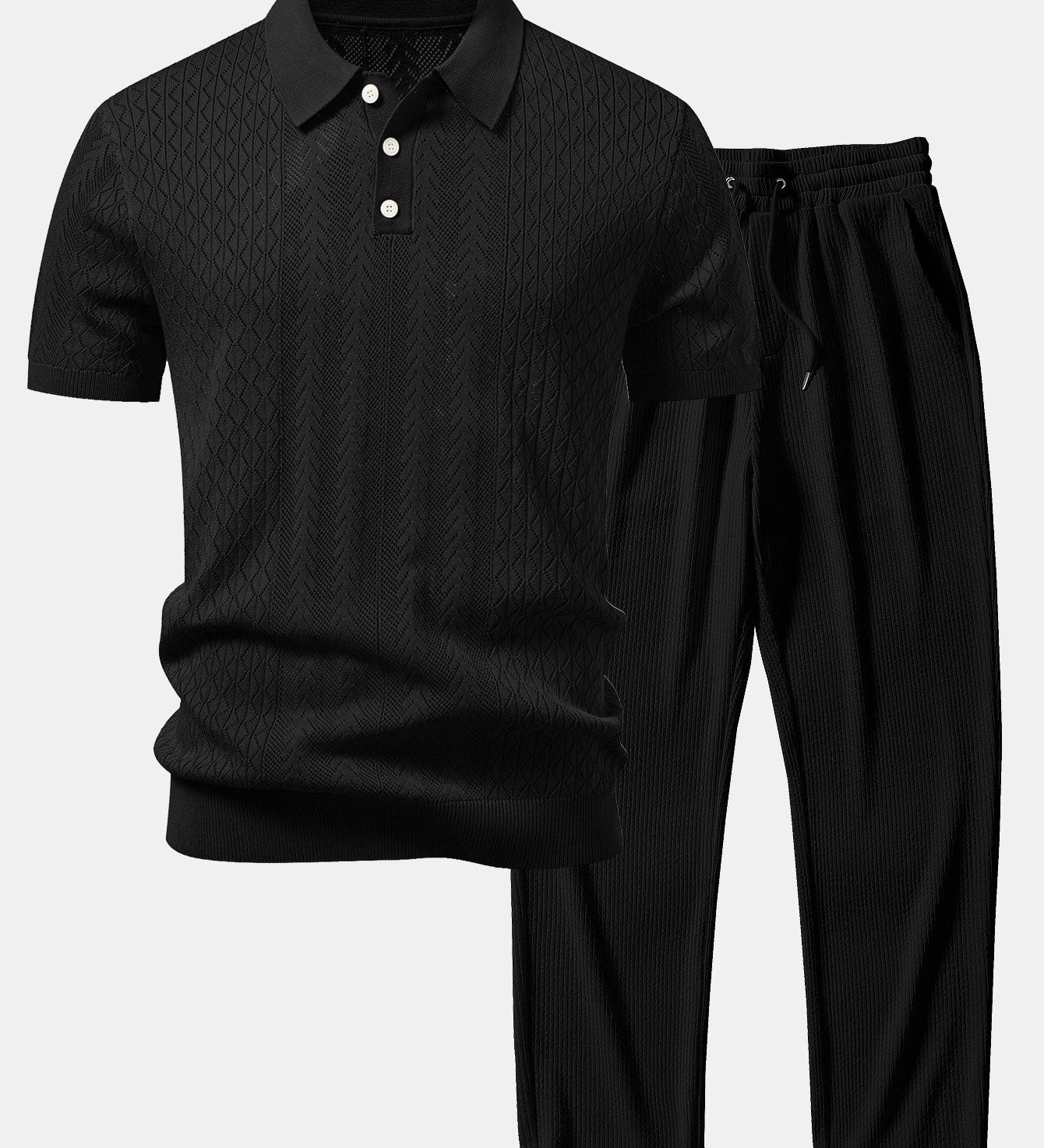 Geometric Jacquard Open Knit Polo & Straight Leg Ribbed Pants