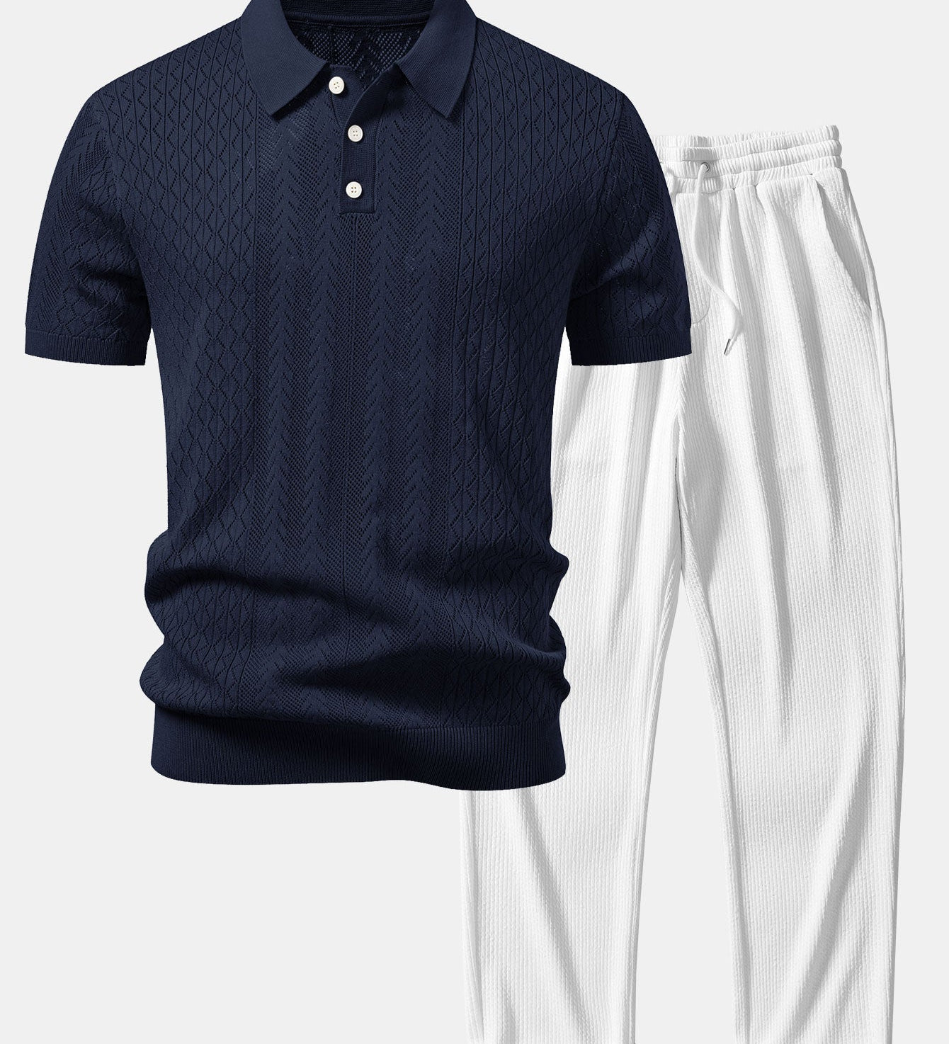 Geometric Jacquard Open Knit Polo & Straight Leg Ribbed Pants