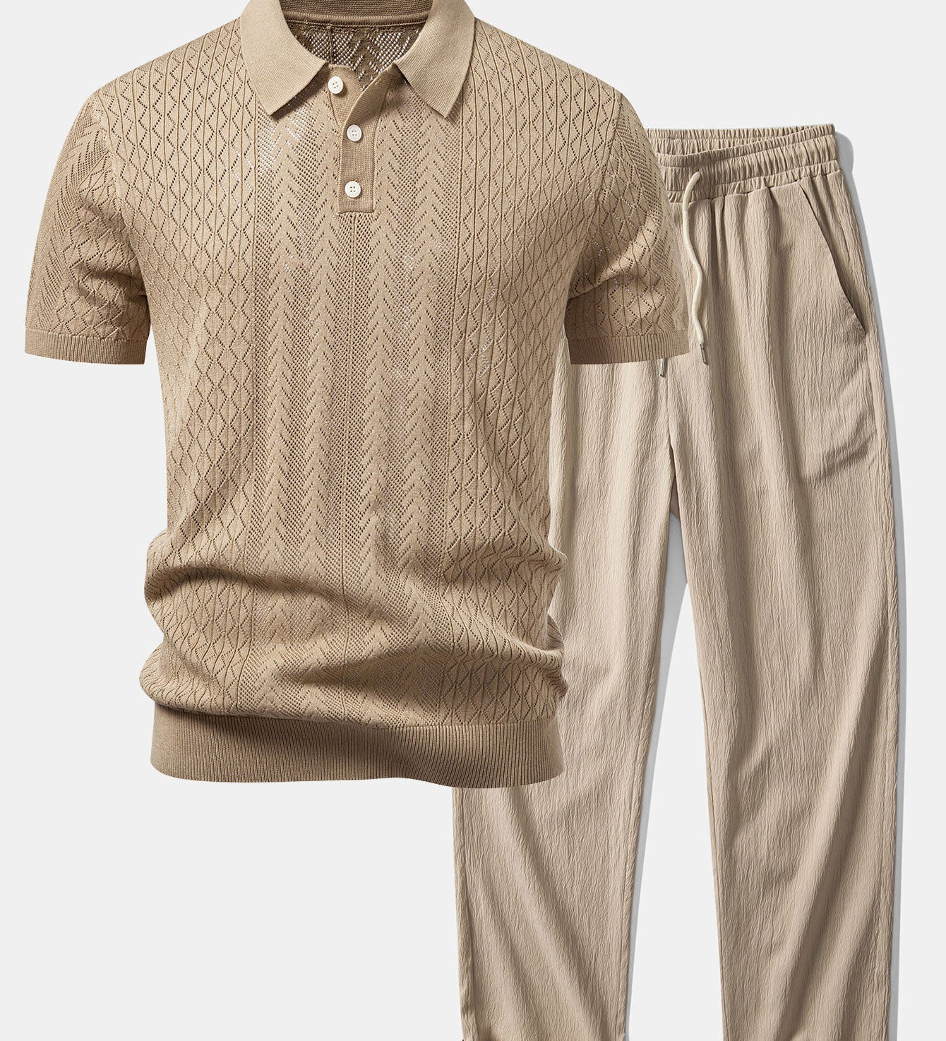 Geometric Jacquard Open Knit Polo & Crinkle Textured Straight Leg Pants