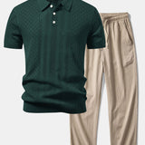 Geometric Jacquard Open Knit Polo & Crinkle Textured Straight Leg Pants