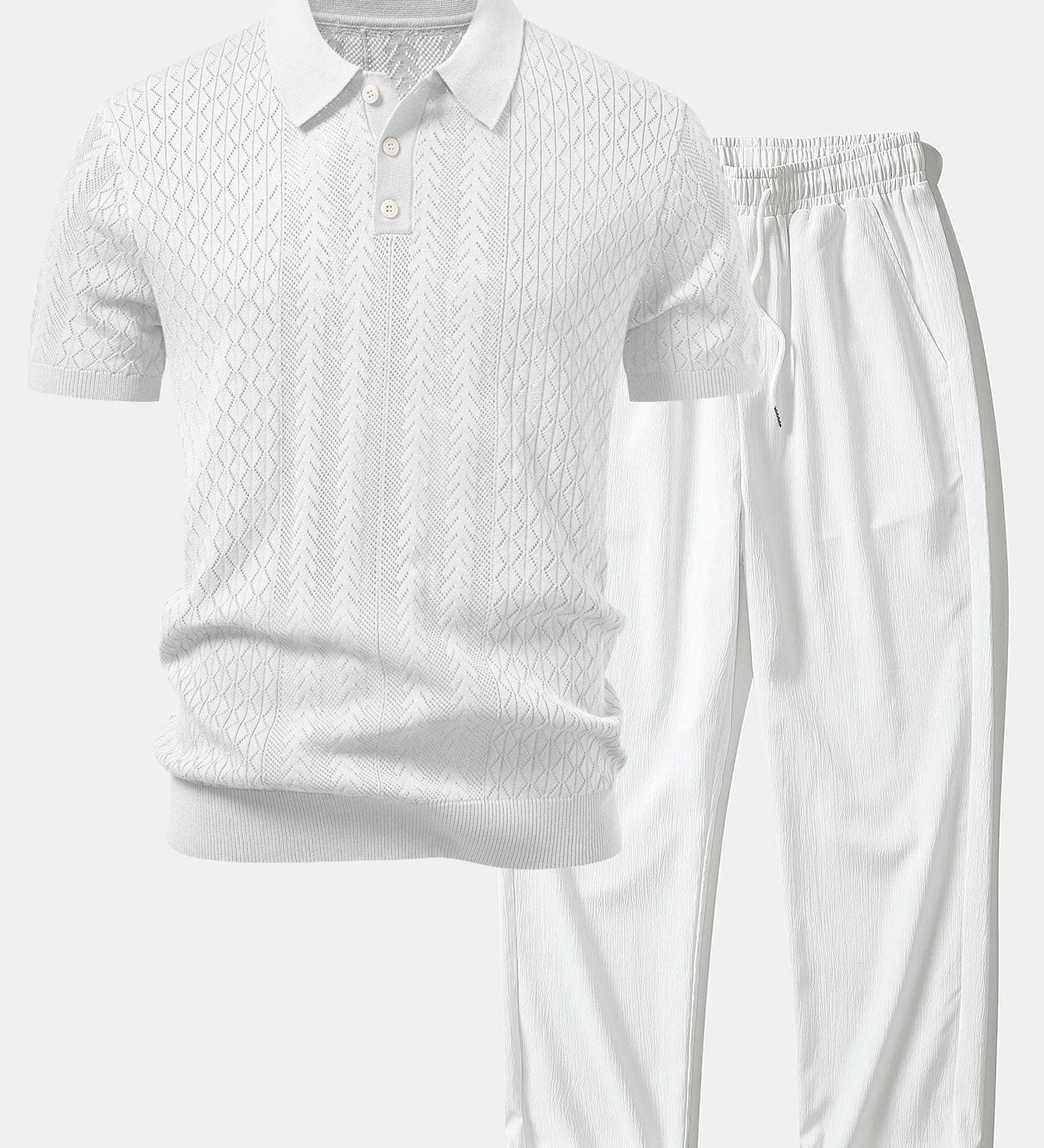Geometric Jacquard Open Knit Polo & Crinkle Textured Straight Leg Pants
