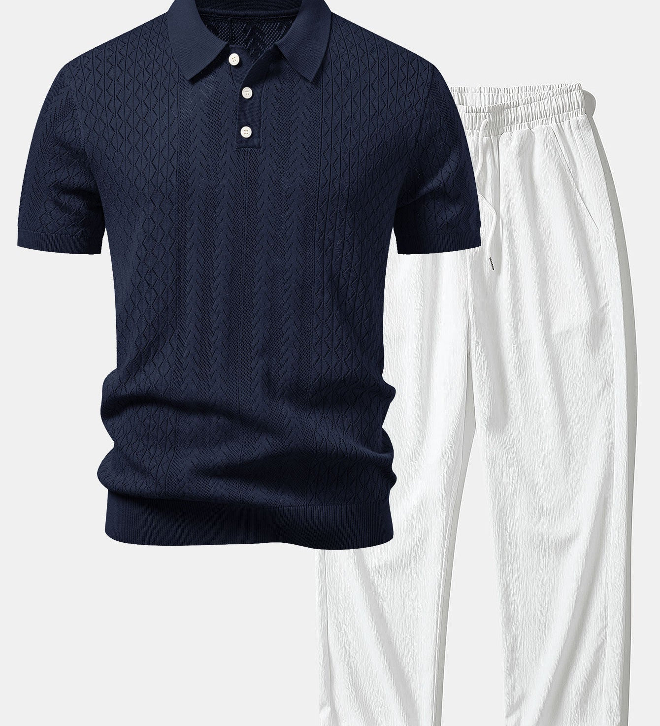 Geometric Jacquard Open Knit Polo & Crinkle Textured Straight Leg Pants