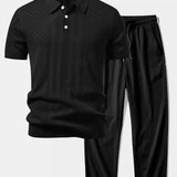 Geometric Jacquard Open Knit Polo & Crinkle Textured Straight Leg Pants