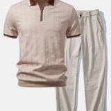 Contrast Trim Textured Zipper Knit Polo & Elastic Waist Straight Leg Trousers