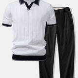 Contrast Trim Ribbed Johnny Collar Knit Polo & Elastic Waist Straight Leg Trousers