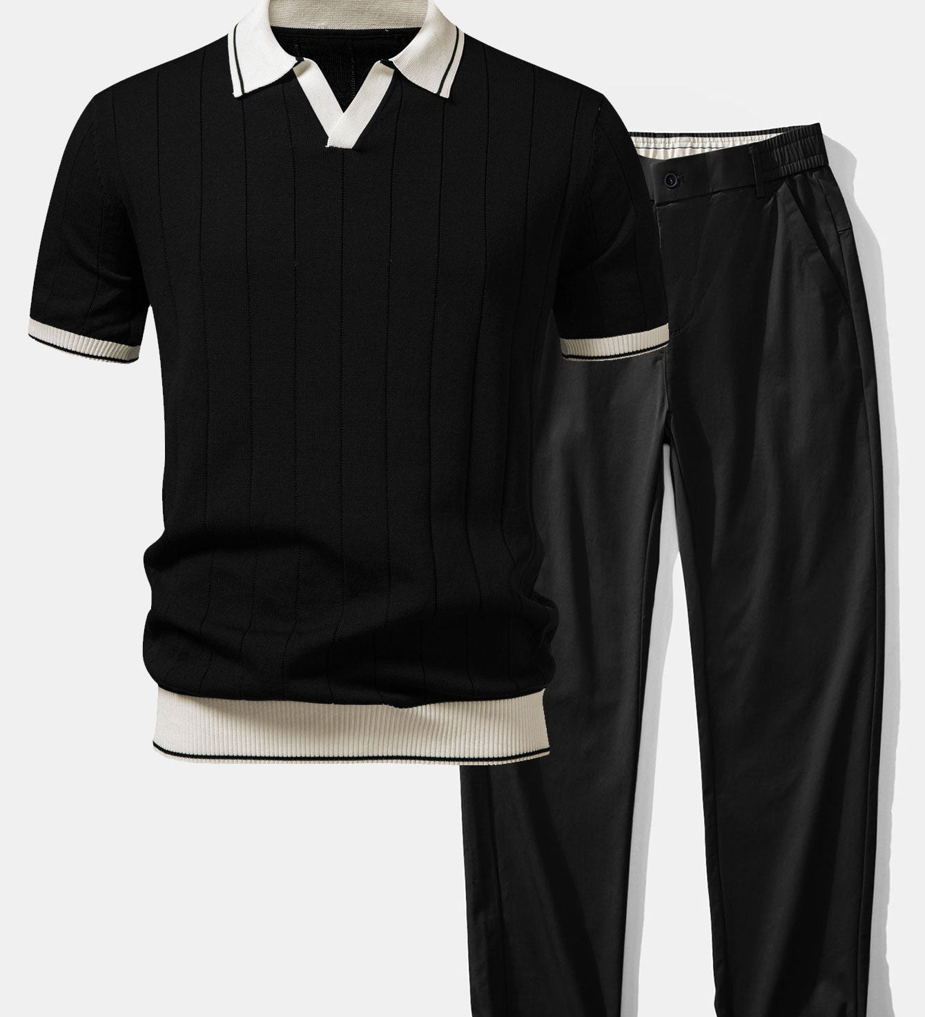 Contrast Trim Ribbed Johnny Collar Knit Polo & Elastic Waist Straight Leg Trousers