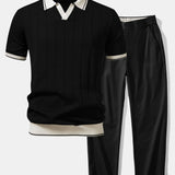 Contrast Trim Ribbed Johnny Collar Knit Polo & Elastic Waist Straight Leg Trousers
