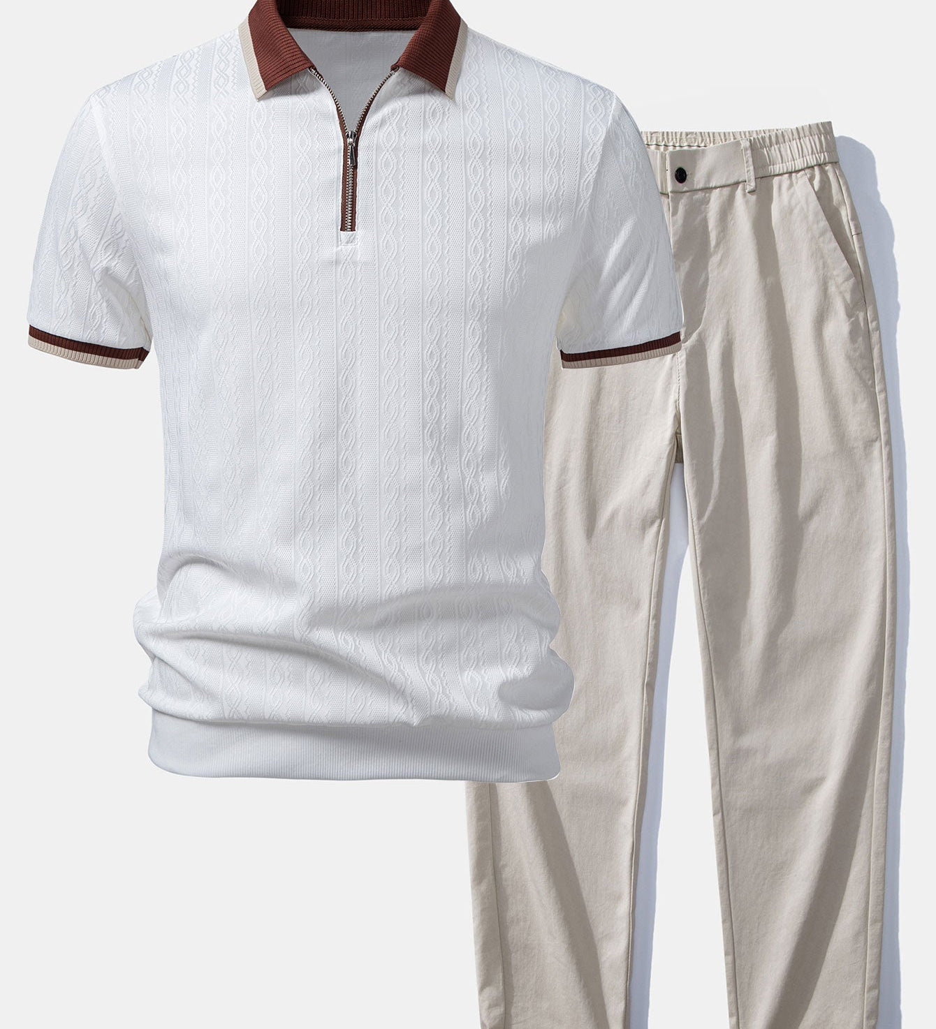 Contrast Trim Textured Zipper Knit Polo & Elastic Waist Straight Leg Trousers