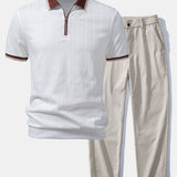 Contrast Trim Textured Zipper Knit Polo & Elastic Waist Straight Leg Trousers