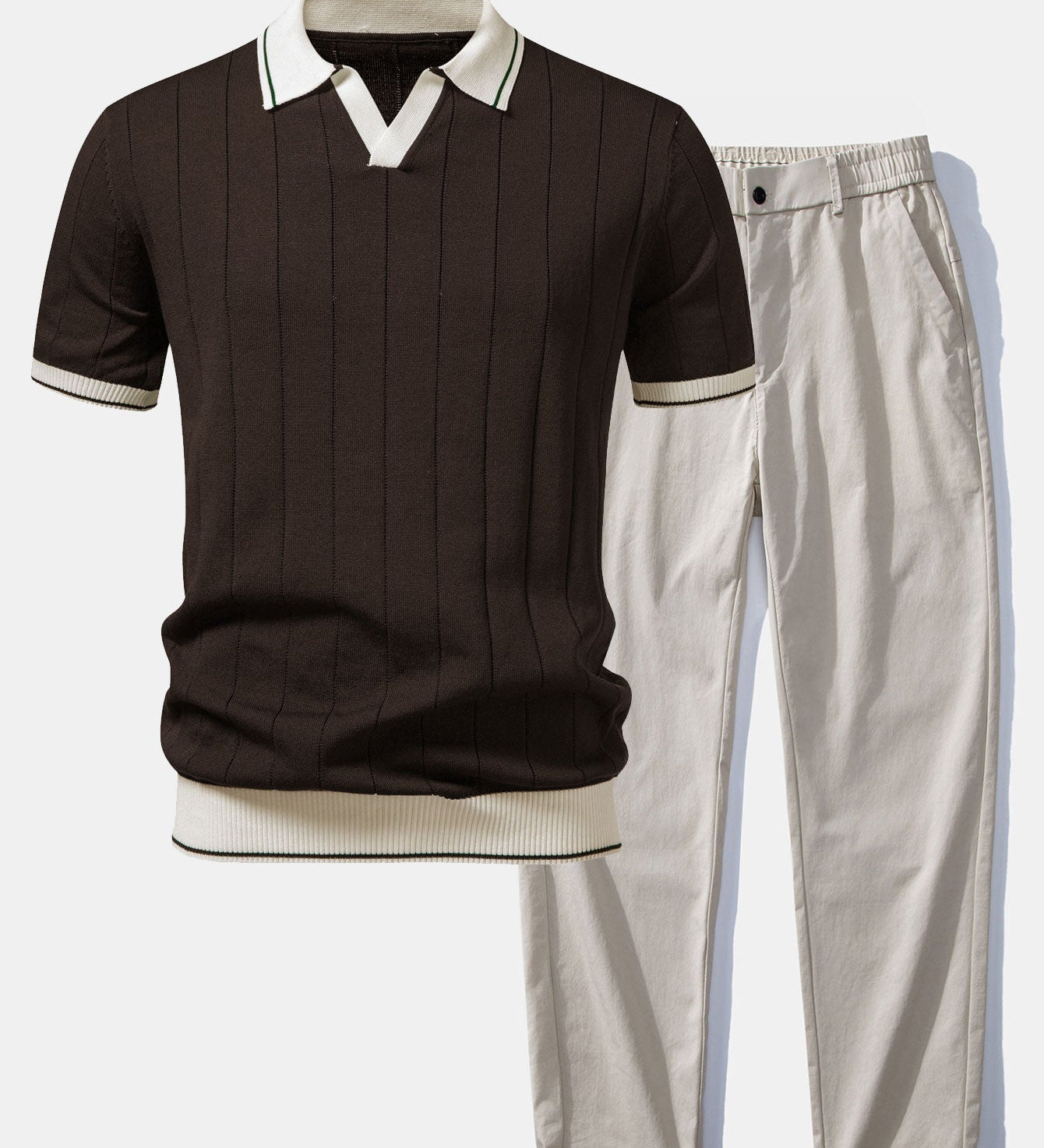 Contrast Trim Ribbed Johnny Collar Knit Polo & Elastic Waist Straight Leg Trousers