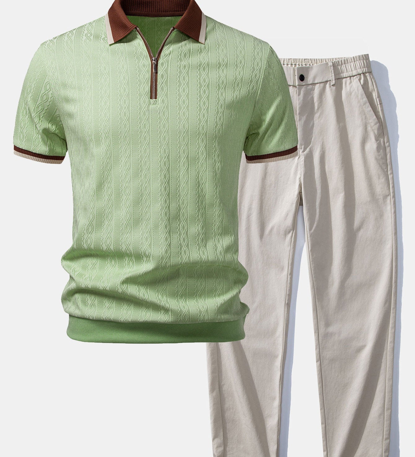 Contrast Trim Textured Zipper Knit Polo & Elastic Waist Straight Leg Trousers
