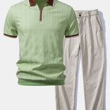 Contrast Trim Textured Zipper Knit Polo & Elastic Waist Straight Leg Trousers