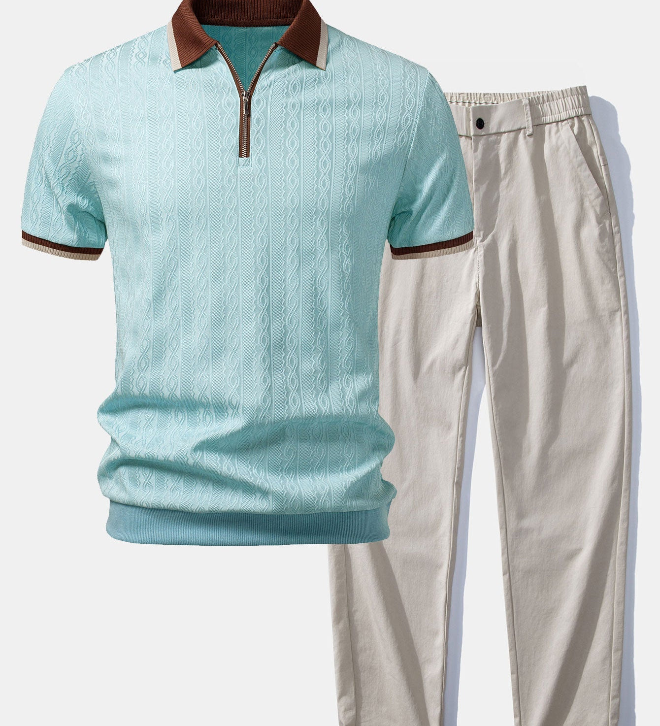 Contrast Trim Textured Zipper Knit Polo & Elastic Waist Straight Leg Trousers