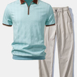 Contrast Trim Textured Zipper Knit Polo & Elastic Waist Straight Leg Trousers