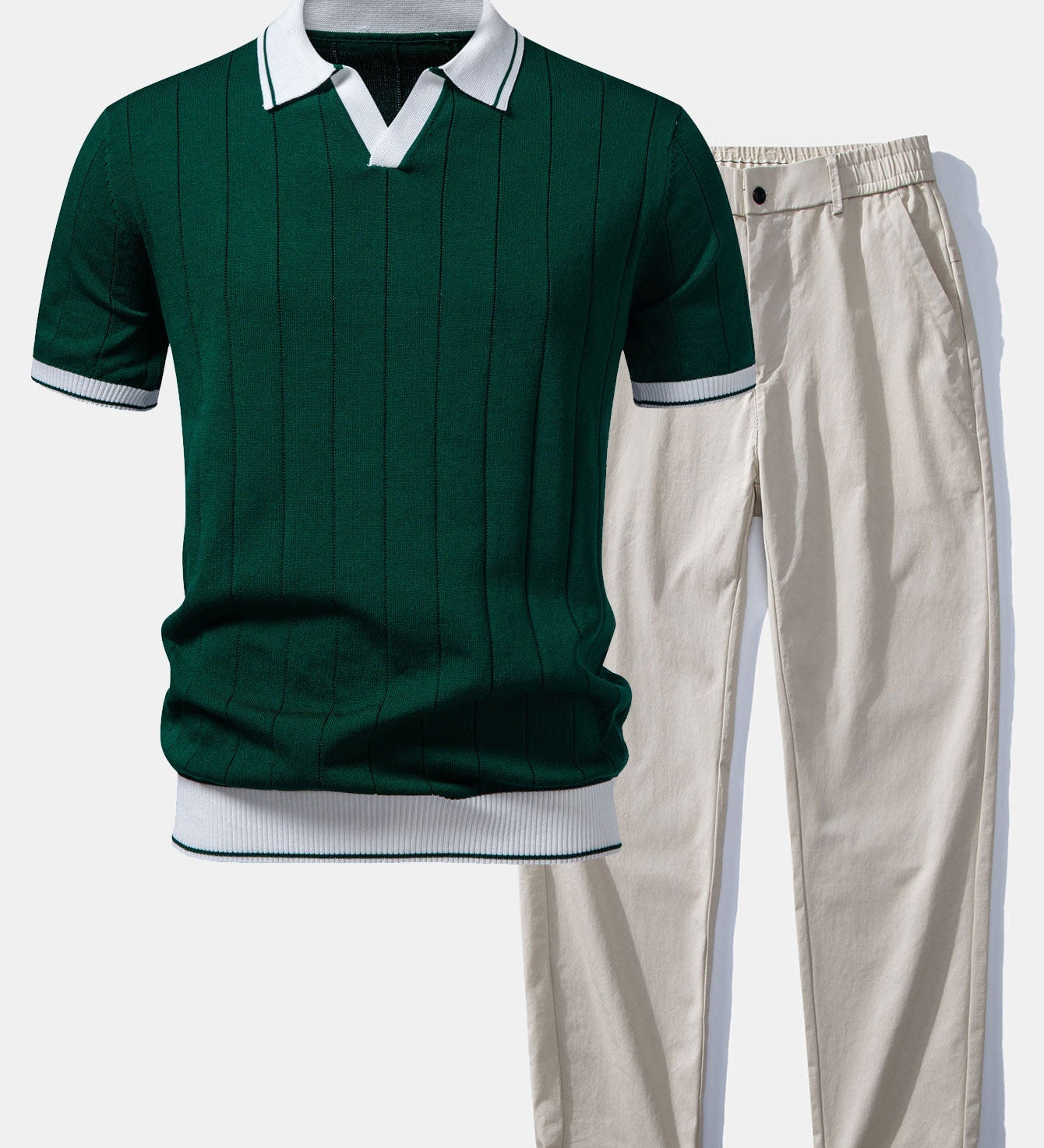 Contrast Trim Ribbed Johnny Collar Knit Polo & Elastic Waist Straight Leg Trousers