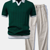 Contrast Trim Ribbed Johnny Collar Knit Polo & Elastic Waist Straight Leg Trousers