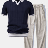 Contrast Trim Ribbed Johnny Collar Knit Polo & Elastic Waist Straight Leg Trousers