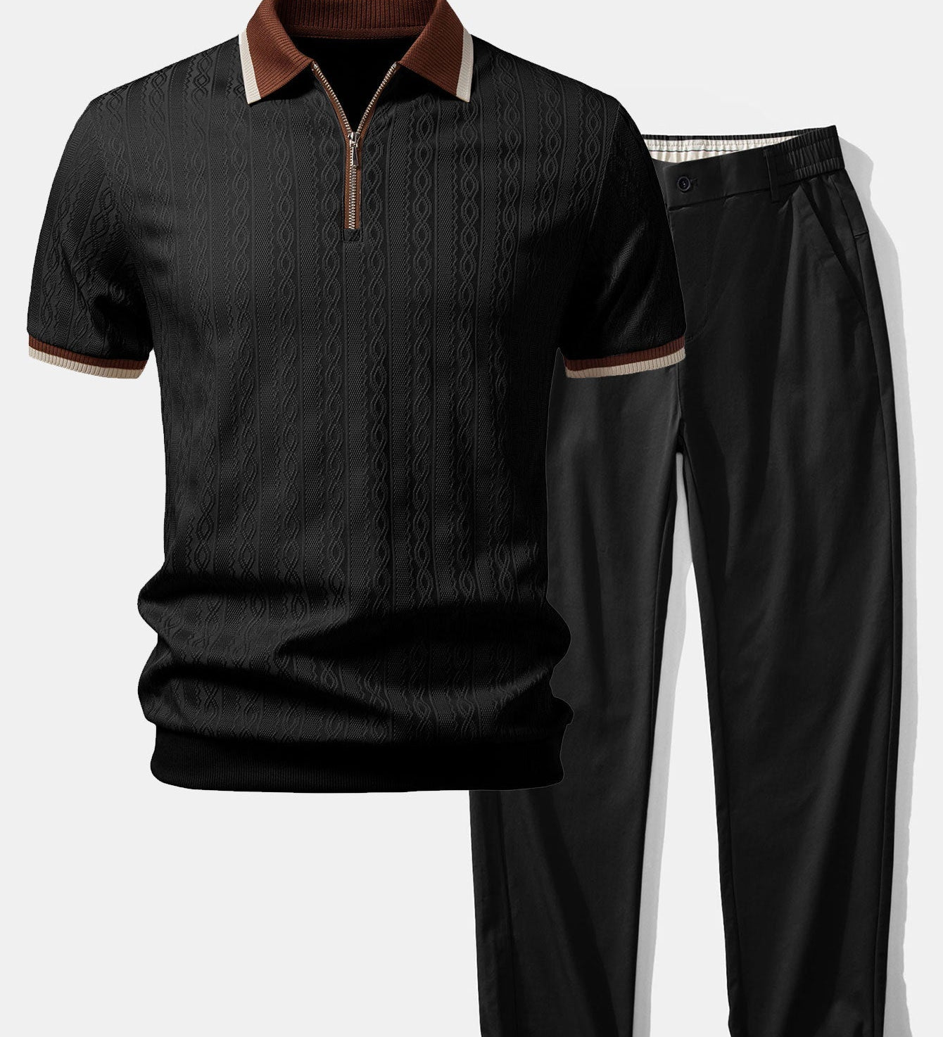 Contrast Trim Textured Zipper Knit Polo & Elastic Waist Straight Leg Trousers