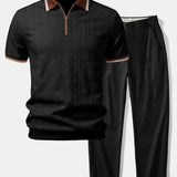 Contrast Trim Textured Zipper Knit Polo & Elastic Waist Straight Leg Trousers