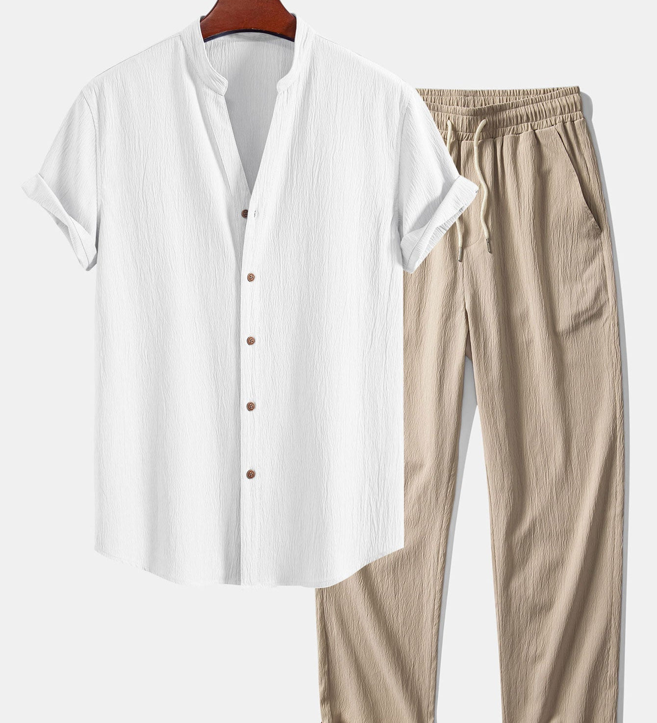 Gerimpelde textuur<tc>rood</tc> V-hals shirt &amp; kreuk textuur<tc>rood</tc> Rechte broek