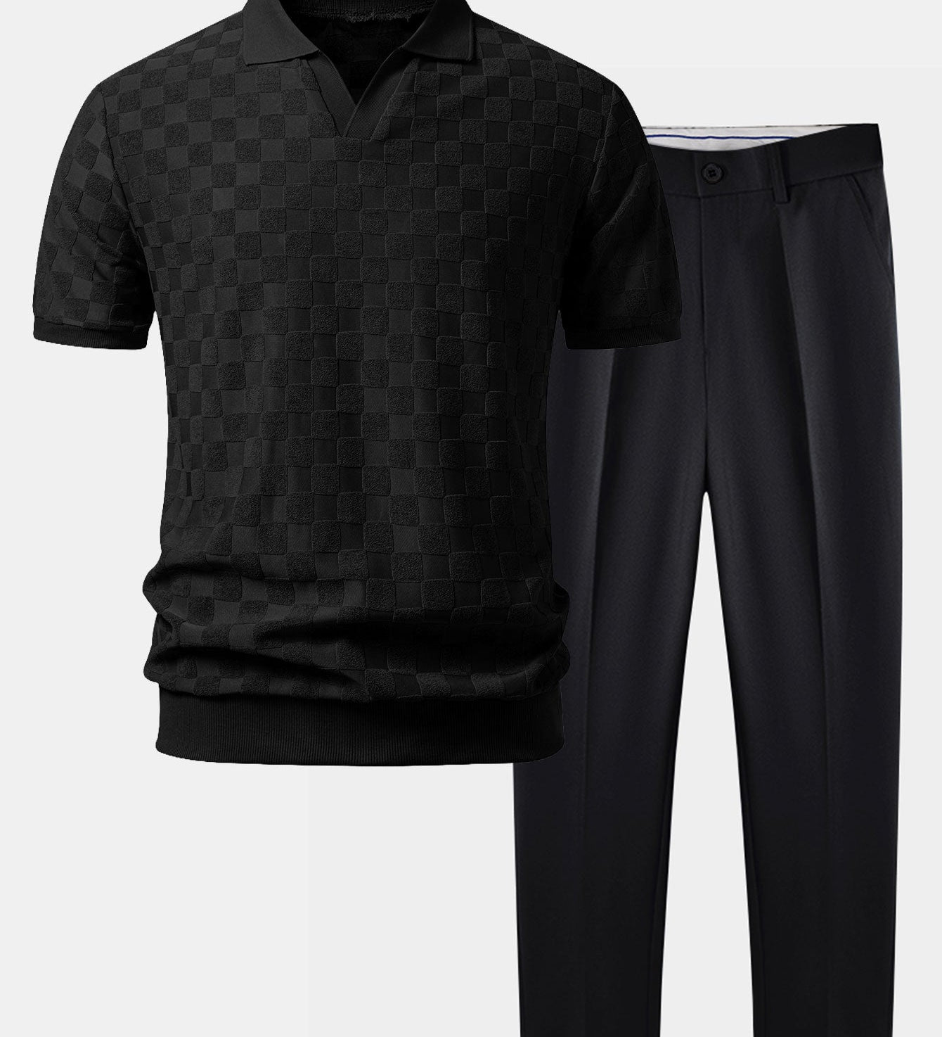 Checkerboard V-Neck Knit Polo & Slim Fit Tapered Trousers