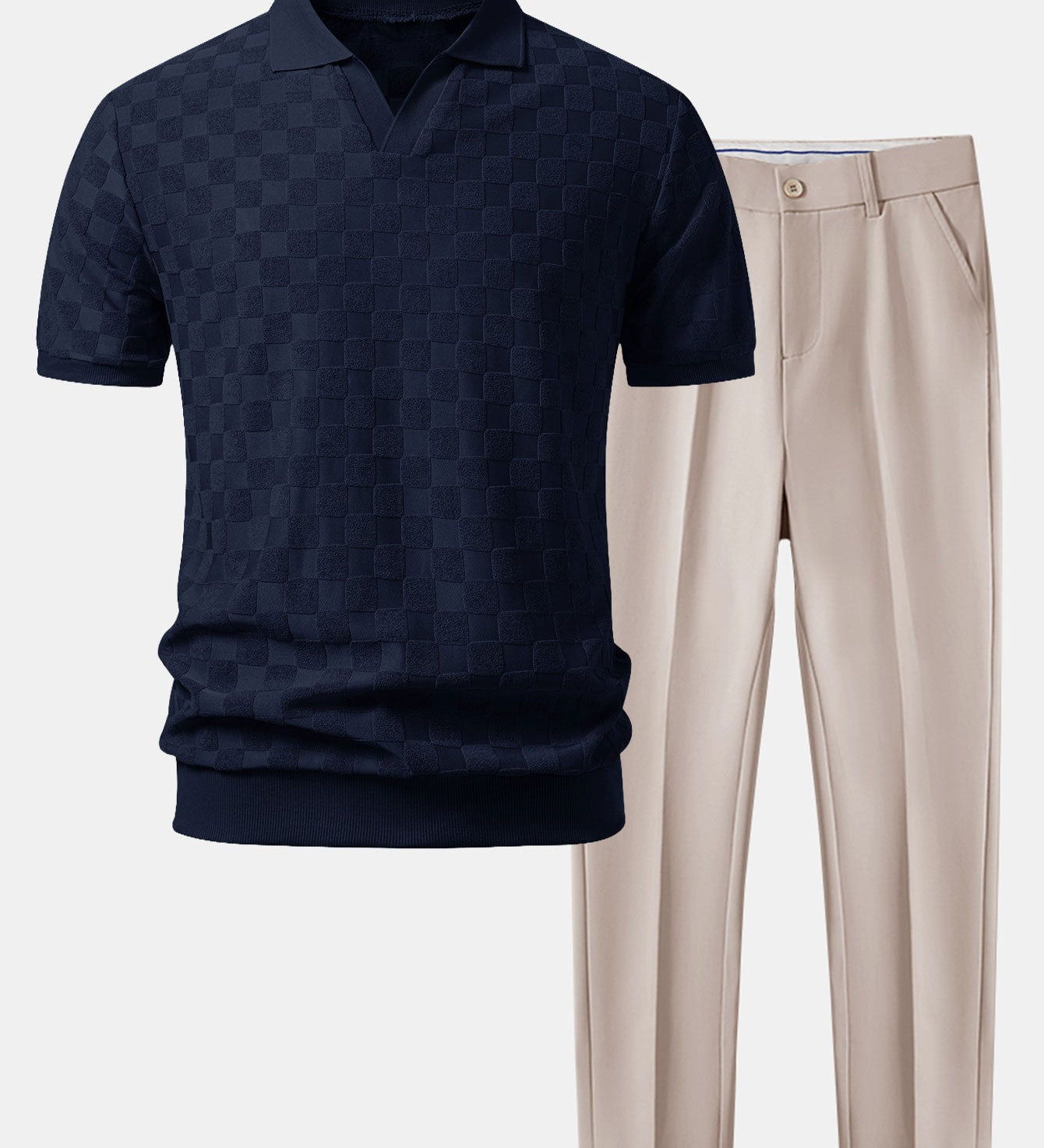 Checkerboard V-Neck Knit Polo & Slim Fit Tapered Trousers