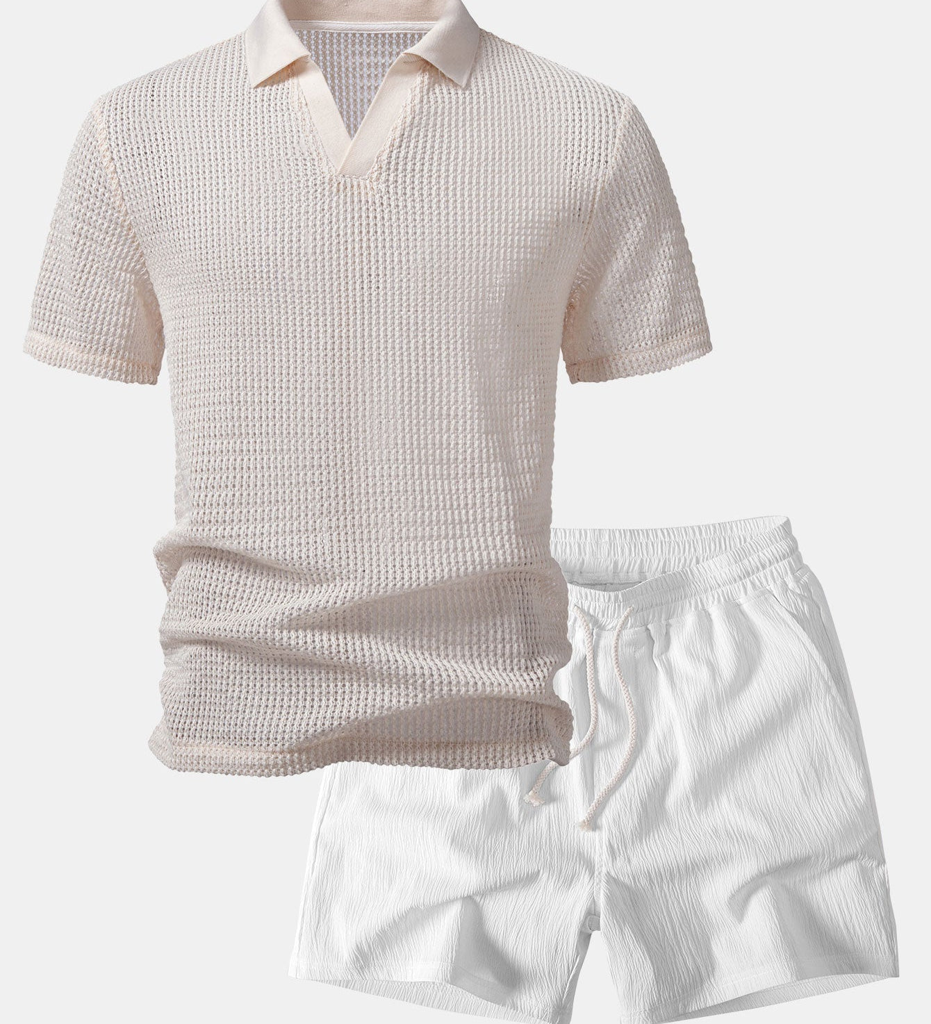 Relax Fit Crocheted V Neck Polo & Crinkle Textured Drawstring 5" Shorts