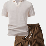 Relax Fit Crocheted V Neck Polo & Crinkle Textured Drawstring 5" Shorts