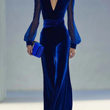 Retro elegant V-neck mesh long-sleeved royal velvet jumpsuit