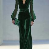 Retro elegant V-neck mesh long-sleeved royal velvet jumpsuit