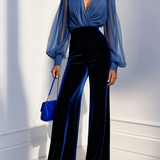 Blue mesh V-neck long-sleeved velvet jumpsuit