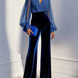 Zaira - Long Velvet Jumpsuit with V-Neck and Long Blue Mesh Sleeves