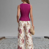 Rose Pink Sleeveless Vest And Floral Printed Wide-leg Pants Set