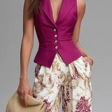 Rose Pink Sleeveless Vest And Floral Printed Wide-leg Pants Set