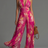 Fuchsia Floral Print Sleeveless Zippered Pleated Wide-leg Chiffon Jumpsuit