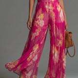 Fuchsia Floral Print Sleeveless Zippered Pleated Wide-leg Chiffon Jumpsuit