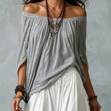 Grey Off-shoulder Top And White Loose-fitting Lantern Pants Suit