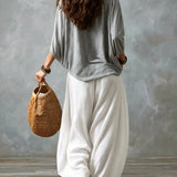 Grey Off-shoulder Top And White Loose-fitting Lantern Pants Suit