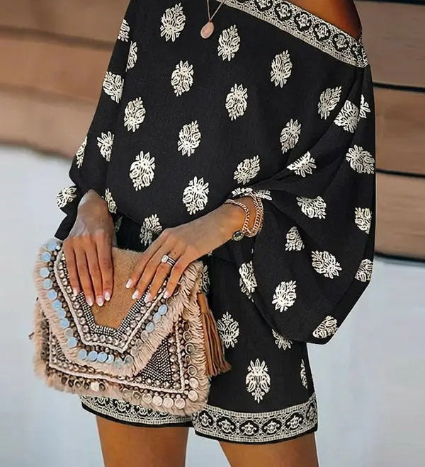 Baroque Print Off-Shoulder Lantern Sleeve Shorts Jumpsuit