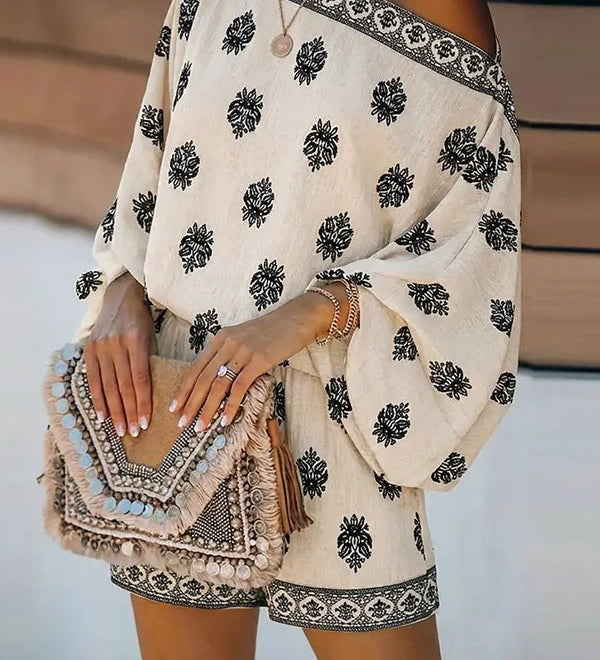 Baroque Print Off-Shoulder Lantern Sleeve Shorts Jumpsuit